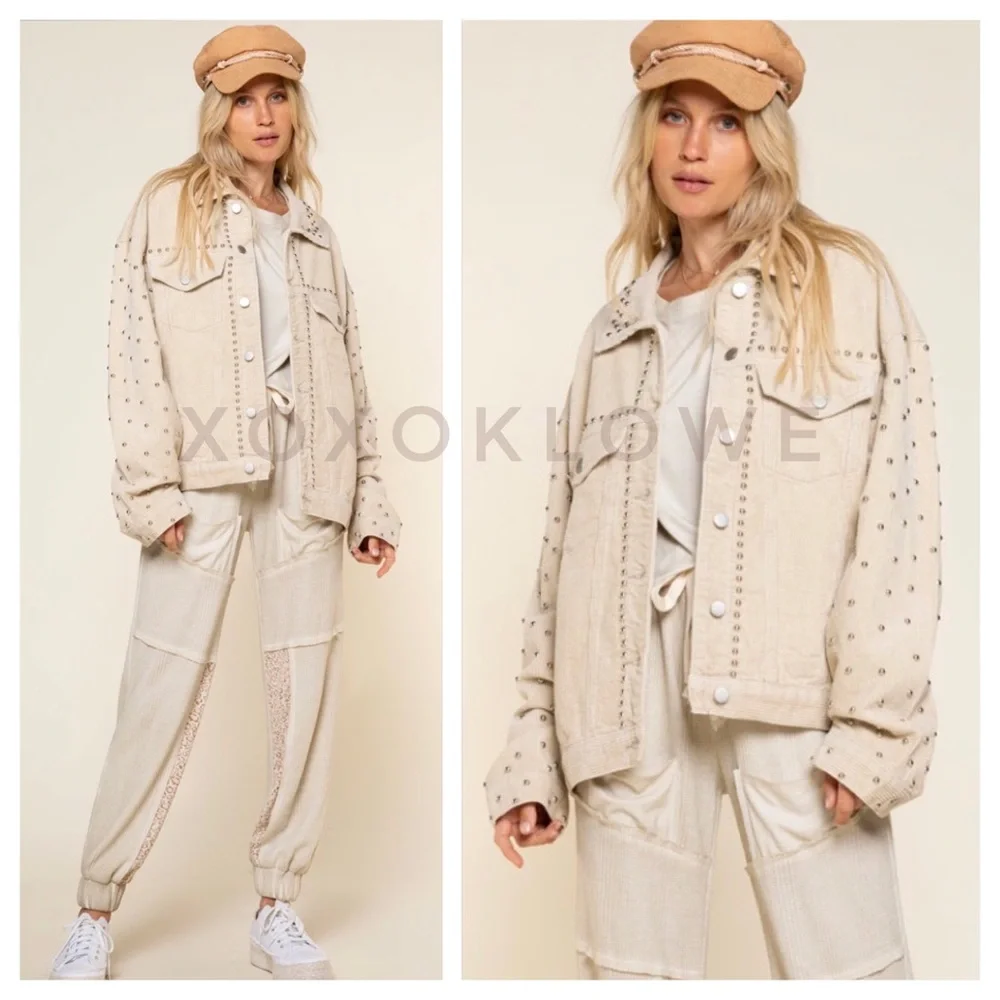 POL Oatmeal Beige Studded Corduroy Trucker Jacket Relaxed Fit - Picture 10 of 14